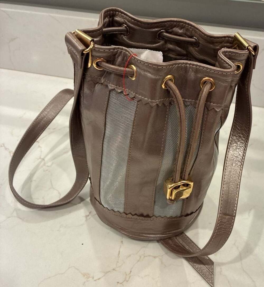 Donald J Pliner Metallic Leather and Mesh Drawstring Bucket Bag Made in Spain - Picture 3 of 6